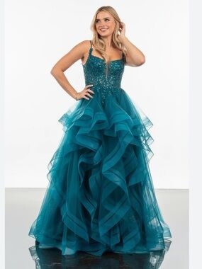 Azure Teal Layered Tulle Shimmer Gown